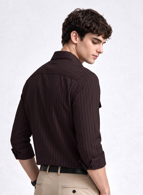 ADRO Men's Tonal Pinstripe Double Pocket Casual Shirt | Dark Brown Striped Shirt | Regular Fit Full Sleeve Button Front Casual Wear for Men