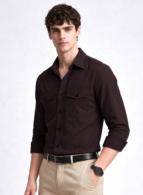ADRO Men's Tonal Pinstripe Double Pocket Casual Shirt | Dark Brown Striped Shirt | Regular Fit Full Sleeve Button Front Casual Wear for Men