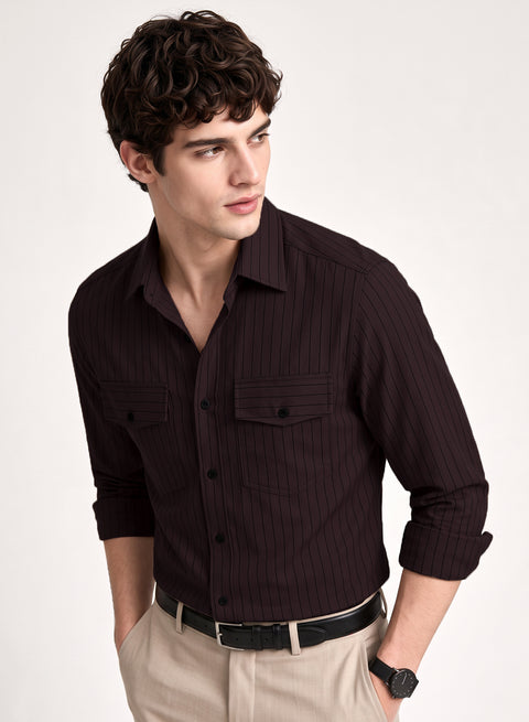 ADRO Men's Tonal Pinstripe Double Pocket Casual Shirt | Dark Brown Striped Shirt | Regular Fit Full Sleeve Button Front Casual Wear for Men