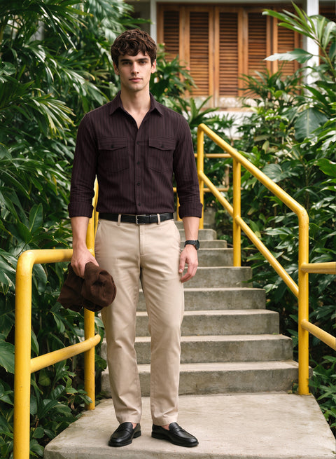 ADRO Men's Tonal Pinstripe Double Pocket Casual Shirt | Dark Brown Striped Shirt | Regular Fit Full Sleeve Button Front Casual Wear for Men