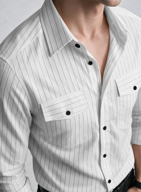 ADRO Men's Tonal Pinstripe Double Pocket Casual Shirt | White Striped Shirt | Regular Fit Full Sleeve Button Front Casual Wear for Men