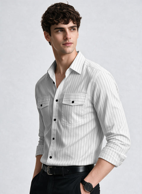 ADRO Men's Tonal Pinstripe Double Pocket Casual Shirt | White Striped Shirt | Regular Fit Full Sleeve Button Front Casual Wear for Men