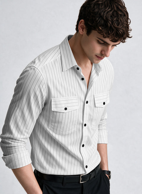 ADRO Men's Tonal Pinstripe Double Pocket Casual Shirt | White Striped Shirt | Regular Fit Full Sleeve Button Front Casual Wear for Men