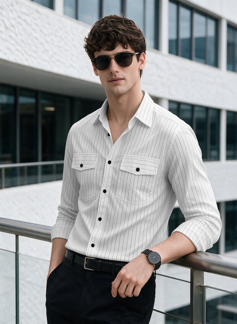 ADRO Men's Tonal Pinstripe Double Pocket Casual Shirt | White Striped Shirt | Regular Fit Full Sleeve Button Front Casual Wear for Men