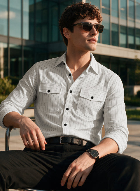 ADRO Men's Tonal Pinstripe Double Pocket Casual Shirt | White Striped Shirt | Regular Fit Full Sleeve Button Front Casual Wear for Men
