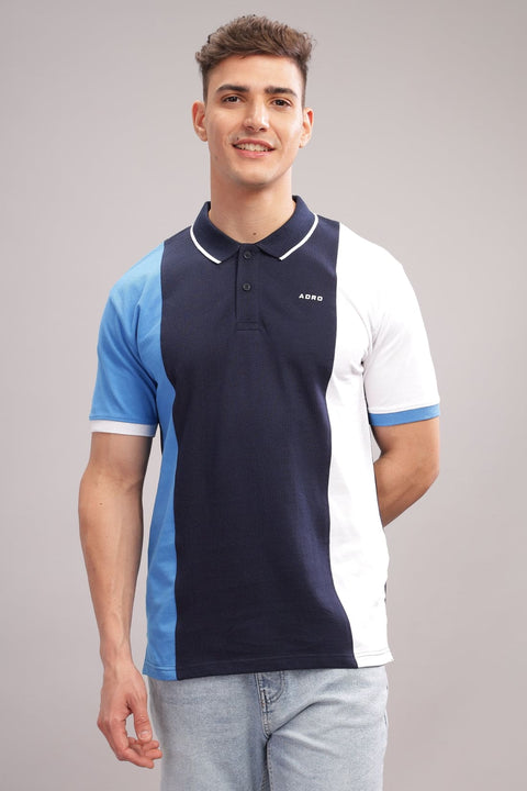 Adro Mens Blue Cotton Polo T-shirt in Cut n Sew Style