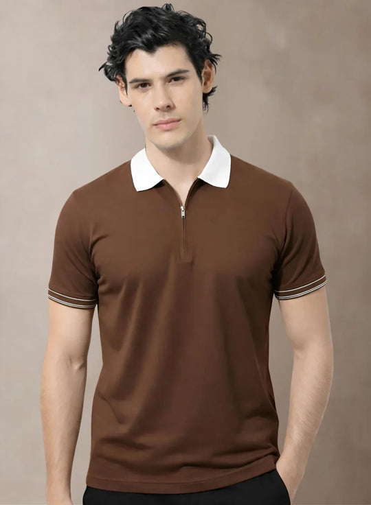 Adro Cotton Polo T Shirt for men  |  Regular Fit Zipper Polo T-shirt  |  Short Sleeve Brown Solid Polo Tshirt with Zip |  Soft Fabric for Summer