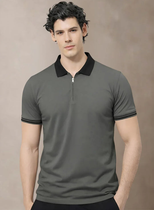 Adro Cotton Polo T Shirt for men  |  Regular Fit Zipper Polo T-shirt  |  Short Sleeve Web Grey Solid Polo Tshirt with Zip |  Soft Fabric for Summer