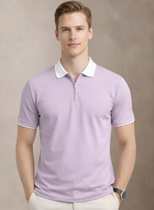 Adro Cotton Polo T Shirt for men  |  Regular Fit Zipper Polo T-shirt  |  Short Sleeve Lavender Solid Polo Tshirt with Zip |  Soft Fabric for Summer