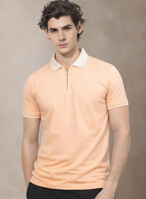 Adro Cotton Polo T Shirt for men | Regular Fit Zipper Polo T-shirt | Short Sleeve Peach Fuzz Solid Polo Tshirt with Zip | Soft Fabric for Summer Peach Fuzz