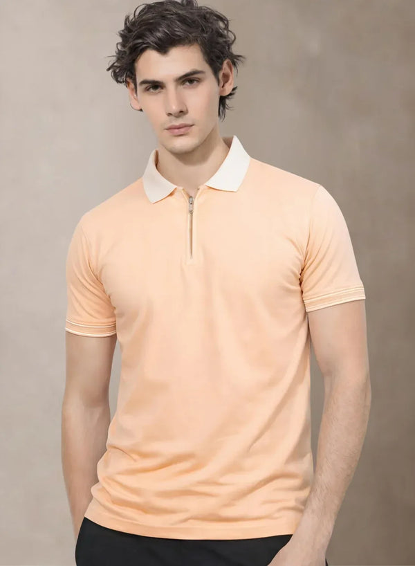 Adro Cotton Polo T Shirt for men  |  Regular Fit Zipper Polo T-shirt  |  Short Sleeve Peach Fuzz Solid Polo Tshirt with Zip |  Soft Fabric for Summer
