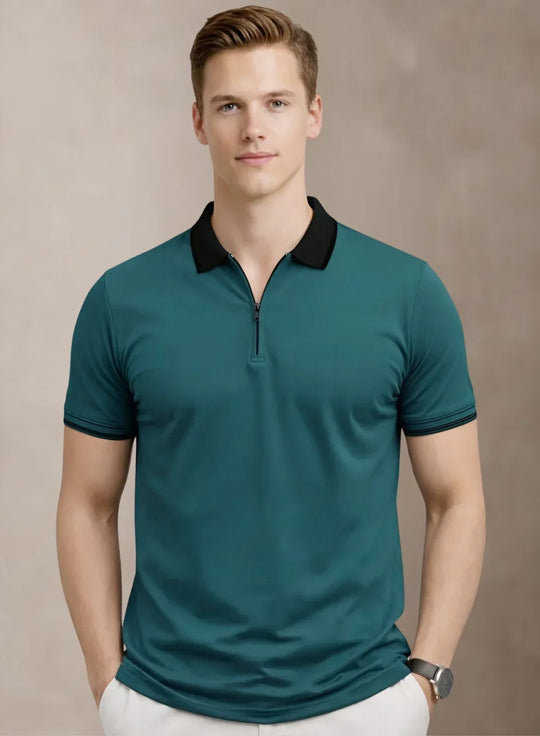 Adro Cotton Polo T Shirt for men  |  Regular Fit Zipper Polo T-shirt  |  Short Sleeve Dark Teal Solid Polo Tshirt with Zip |  Soft Fabric for Summer