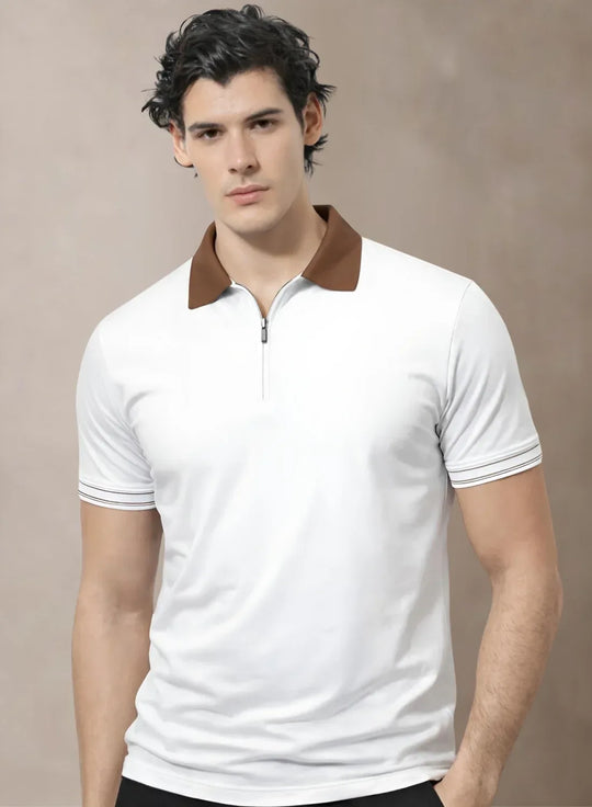 Adro Cotton Polo T Shirt for men  |  Regular Fit Zipper Polo T-shirt  |  Short Sleeve Snow White Solid Polo Tshirt with Zip |  Soft Fabric for Summer