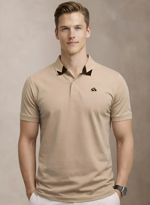 Adro Beige Polo Tshirt for Men | 100% Cotton Polo T shirt | Regular Fit Half Sleeve Mens Polo Neck T-Shirt Beige