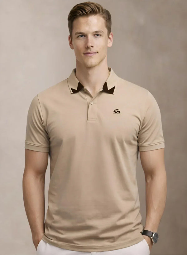 Adro Beige Polo Tshirt for Men  |  100% Cotton Polo T shirt  |  Regular Fit Half Sleeve Mens Polo Neck T-Shirt