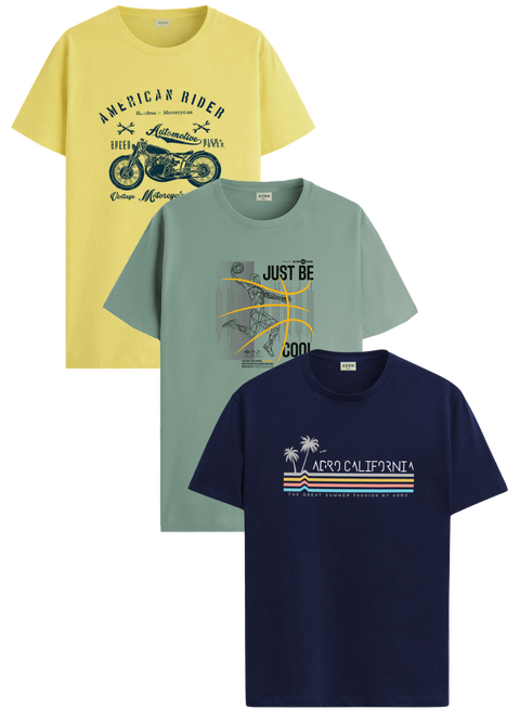 Men’s Cotton T-Shirt Combo Pack of 3 | Regular Fit | ADRO Basics Navy,Pista,Yellow
