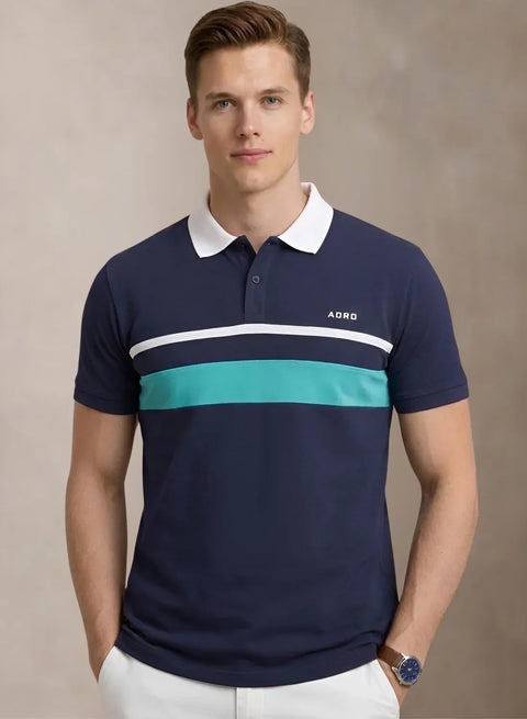 Adro Multicolour Polo T Shirt | 100% Cotton Mens Polo Tshirt | Regular Fit Half Sleeve Cut & Sew Polo T-shirt for men Navy,White,Aqua