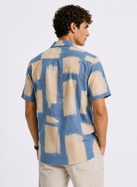 Adro Sky Grid Relaxed Fit Cuban Collar Cotton Nylon Abstract Printed Shirt