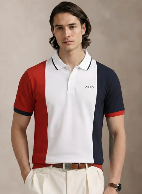Adro Multicolour Polo T Shirt | 100% Cotton Mens Polo Tshirt | Regular Fit Half Sleeve Cut & Sew Polo T-shirt for men Red,White,Navy