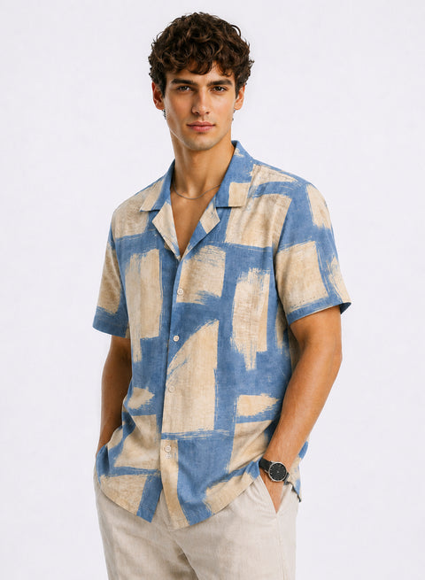 Adro Sky Grid Relaxed Fit Cuban Collar Cotton Nylon Abstract Printed Shirt