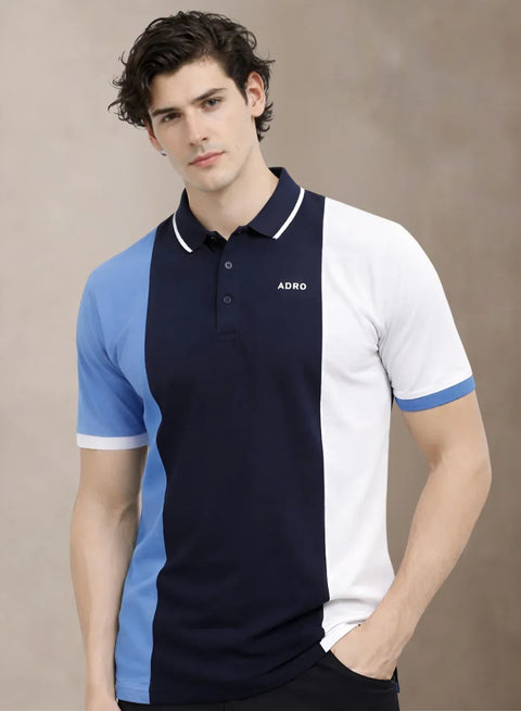 Adro Multicolour Polo T Shirt | 100% Cotton Mens Polo Tshirt | Regular Fit Half Sleeve Cut & Sew Polo T-shirt for men Skyblue,Navy,White