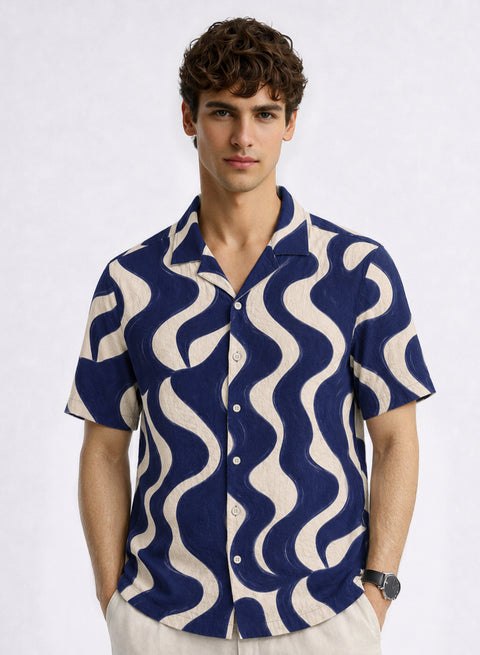 Adro Indigo Wave Relaxed Fit Cuban Collar Cotton Nylon Printed Shirt