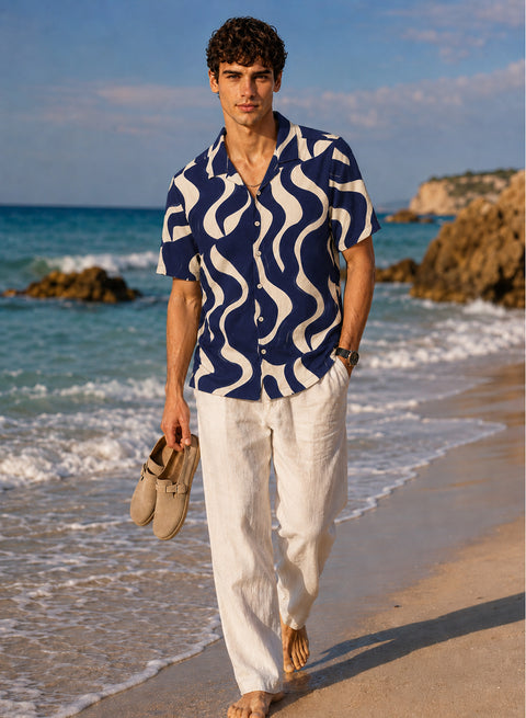 Adro Indigo Wave Relaxed Fit Cuban Collar Cotton Nylon Printed Shirt