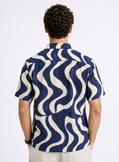 Adro Indigo Wave Relaxed Fit Cuban Collar Cotton Nylon Printed Shirt