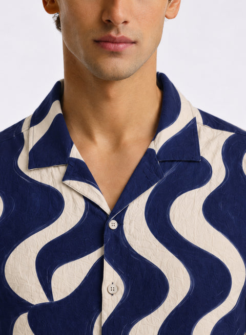 Adro Indigo Wave Relaxed Fit Cuban Collar Cotton Nylon Printed Shirt