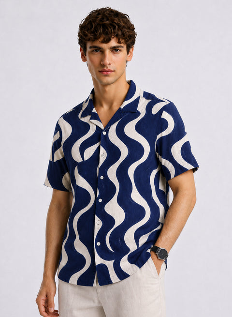 Adro Indigo Wave Relaxed Fit Cuban Collar Cotton Nylon Printed Shirt