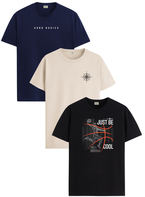 Men’s Cotton T-Shirt Combo Pack of 3 | Regular Fit | ADRO Basics Black,Beige,Navy