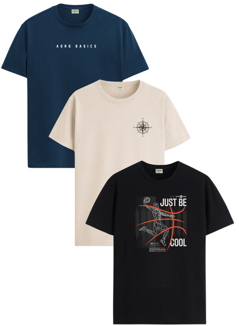 Men’s Cotton T-Shirt Combo Pack of 3 | Regular Fit | ADRO Basics Black,Beige,Navy