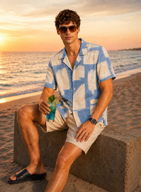 Adro Sky Grid Relaxed Fit Cuban Collar Cotton Nylon Abstract Printed Shirt