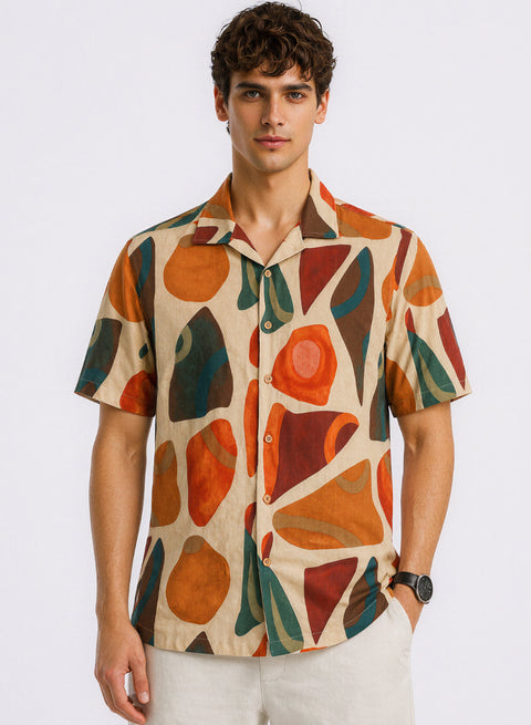 Adro Men’s Relaxed Fit Cuban Collar Cotton Linen Terra Mosaic Printed Shirt