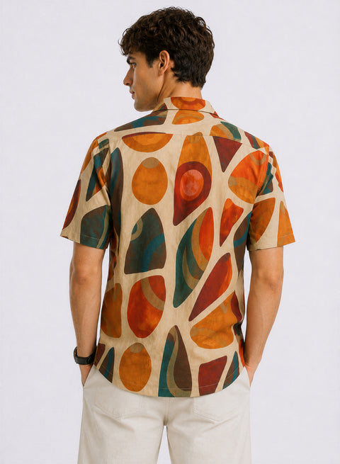 Adro Men’s Relaxed Fit Cuban Collar Cotton Linen Terra Mosaic Printed Shirt