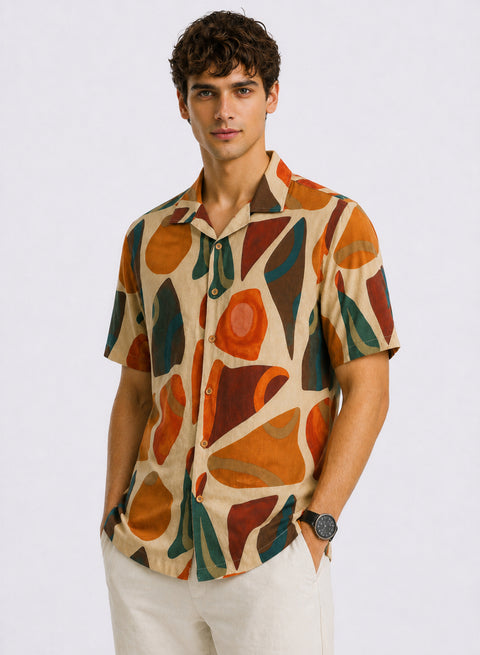 Adro Men’s Relaxed Fit Cuban Collar Cotton Linen Terra Mosaic Printed Shirt