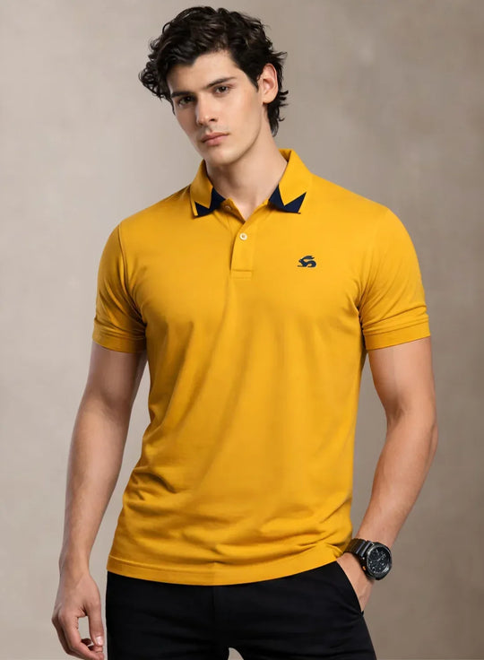 Adro Mustard Polo Tshirt for Men  |  100% Cotton Polo T shirt  |  Regular Fit Half Sleeve Mens Polo Neck T-Shirt