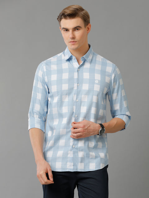 Men Skyblue Checked Slim Fit Giza Cotton Casual Shirt