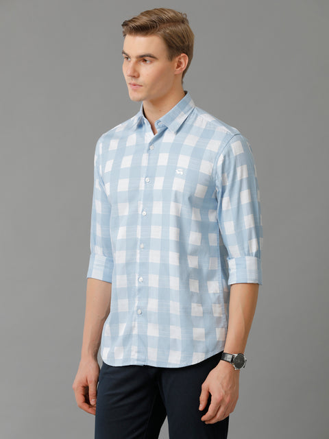 Men Skyblue Checked Slim Fit Giza Cotton Casual Shirt