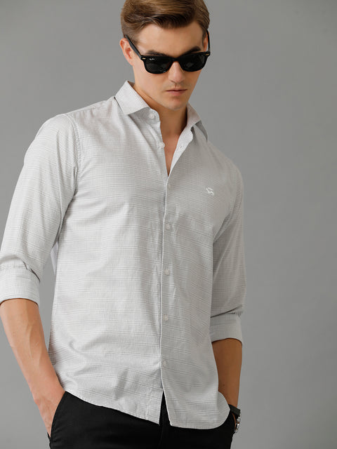Men Light Grey Checked Slim Fit Giza Cotton Casual Shirt