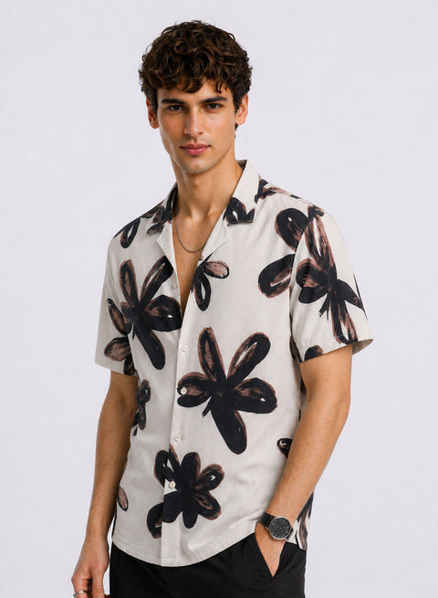 Adro Noir Bloom Relaxed Fit Cuban Collar Floral Printed Cotton Nylon Shirt
