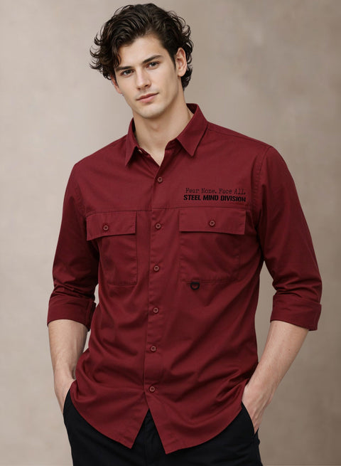Adro Mens Cotton Twill Cargo Shirt Maroon| Stylish Outdoor Travel Shirt