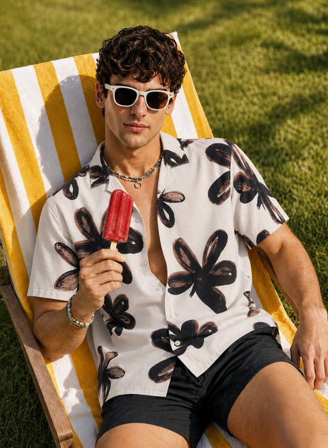 Adro Noir Bloom Relaxed Fit Cuban Collar Floral Printed Cotton Nylon Shirt