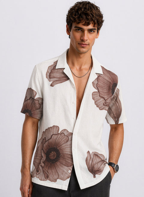 Adro Men’s Relaxed Fit Cuban Collar Cotton Linen Sepia Petal Printed Shirt – Off White Brown