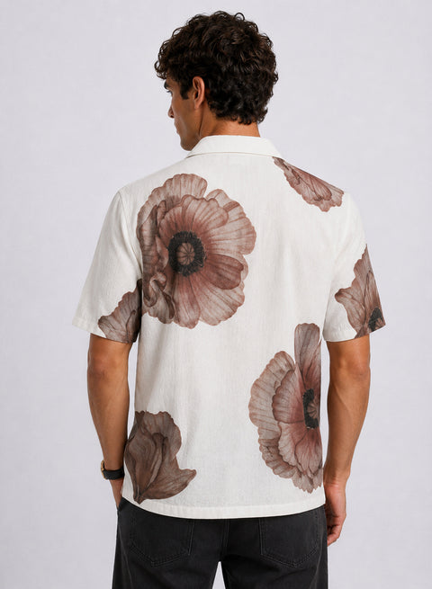Adro Men’s Relaxed Fit Cuban Collar Cotton Linen Sepia Petal Printed Shirt – Off White Brown