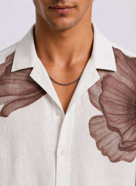 Adro Men’s Relaxed Fit Cuban Collar Cotton Linen Sepia Petal Printed Shirt – Off White Brown