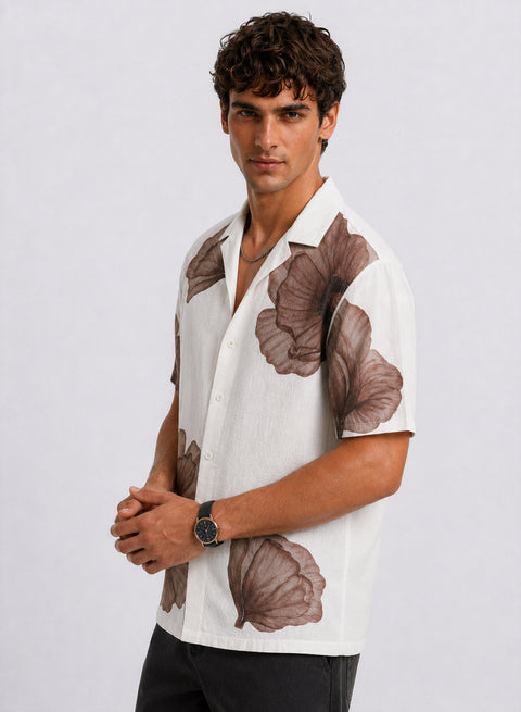 Adro Men’s Relaxed Fit Cuban Collar Cotton Linen Sepia Petal Printed Shirt – Off White Brown