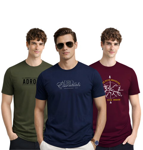 Men’s Cotton T-Shirt Combo Pack of 3 | Regular Fit | ADRO Basics Olive, Navy Blue, Maroon