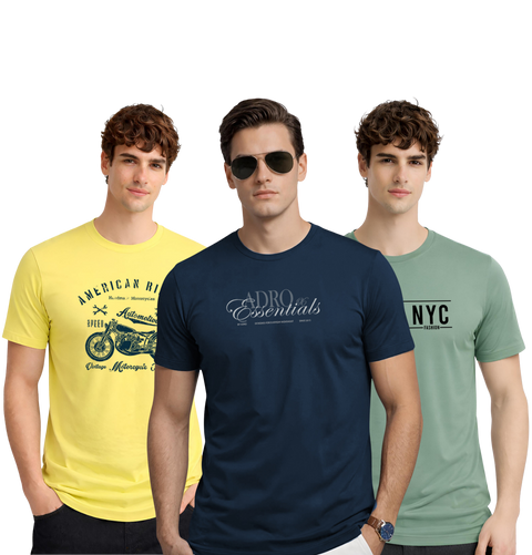 Men’s Cotton T-Shirt Combo Pack of 3 | Regular Fit | ADRO Basics Light Yellow, Teal Blue, Pista