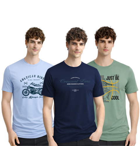 Men’s Cotton T-Shirt Combo Pack of 3 | Regular Fit | ADRO Basics Sky Blue, Navy Blue, Pista